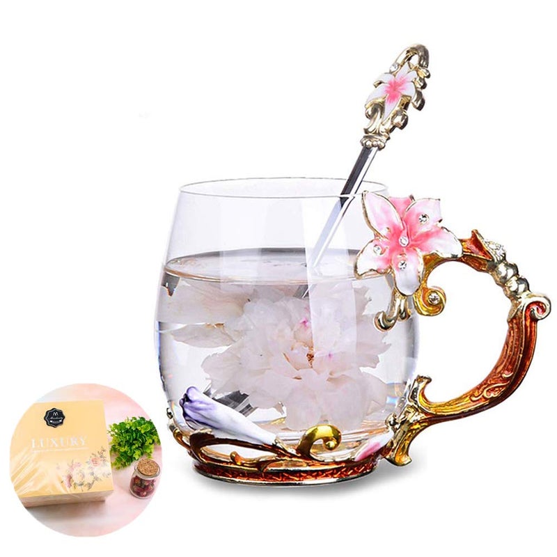 Mooduuty Tea Cup, Mother's Day Gifts, Gifts Coffee Mug Cups, Lily Flower Glass Tea Cup, Unique Personalized Birthday Present Ideas for Women Grandma Mom Teachers Hot Beverages 12OZ Pink - Image 1